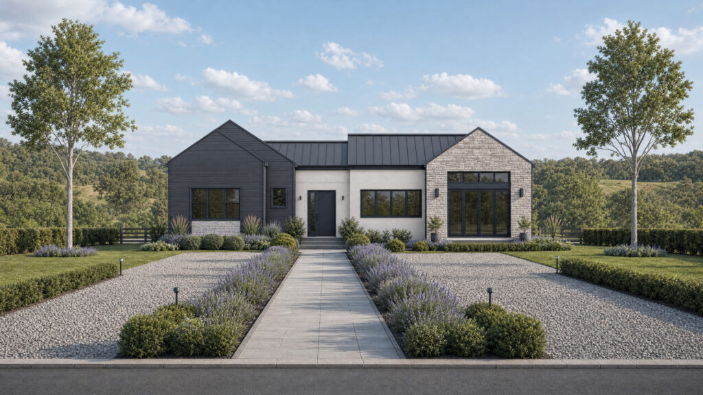 Modern single-story house with dark siding, light stone accents, and a metal roof, set in a landscaped front yard with lavender and shrubs.