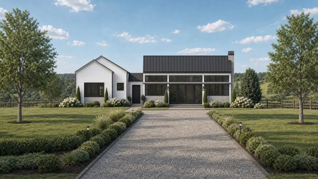 Front view of a modern two-story house with large black-framed windows, white siding, and stone accents, set in a landscaped yard with a gravel driveway.