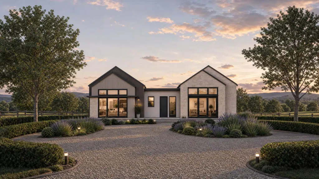 Modern single-story home with twin gable roofs, large glass doors, and a landscaped gravel driveway at sunset.