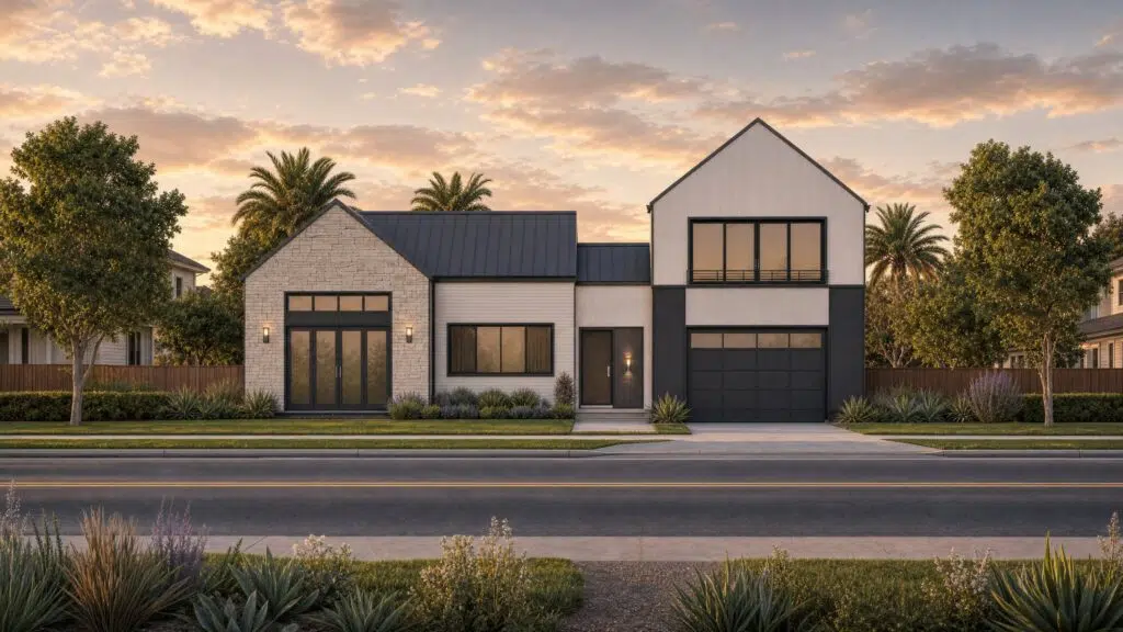 Contemporary two-story house with stone and siding, large windows, and a dark garage, set against a sunset sky.