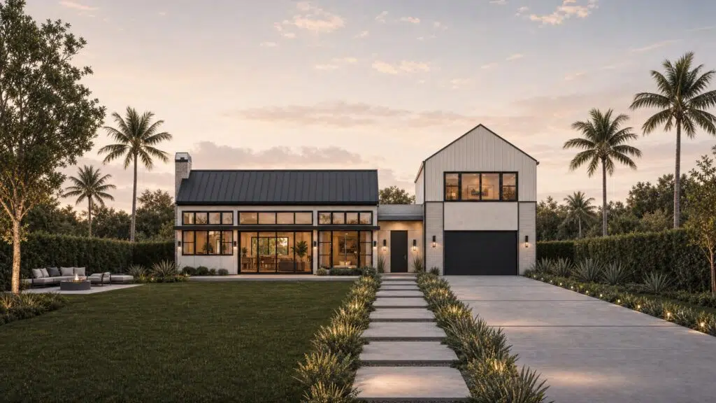 Modern two-story house with large glass windows, a concrete path, and palm trees at sunset.
