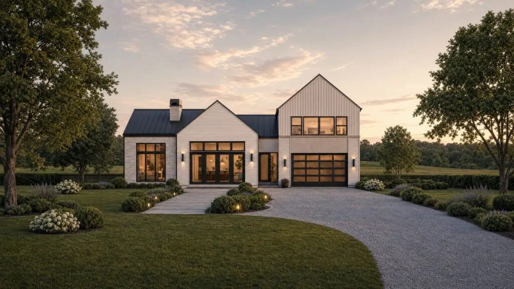 Front view of a modern two-story house with large windows, white siding, and a dark garage, illuminated at dusk amid a landscaped yard and trees.