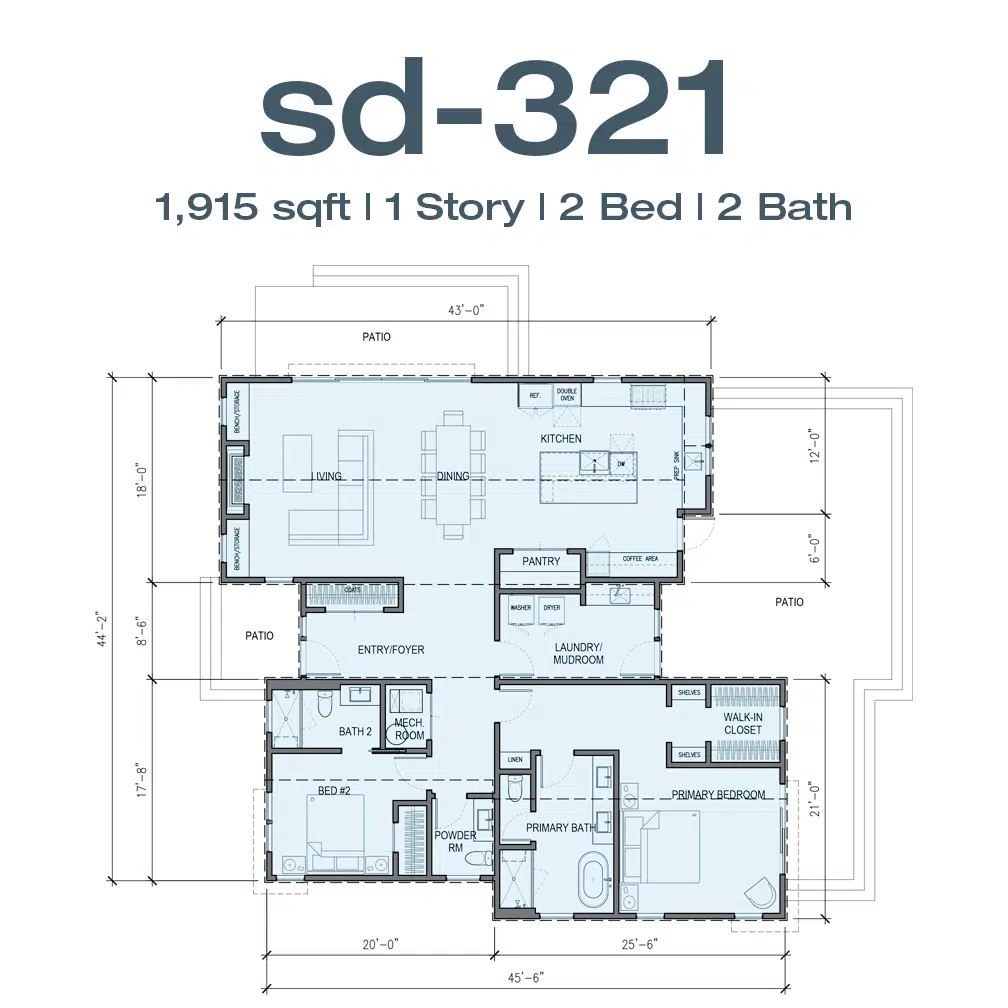 Floor plan for unit sd-321: single-story home with 2 bedrooms, 2 baths, open living/dining/kitchen, laundry, pantry, and patios with dimensions noted in feet and inches.