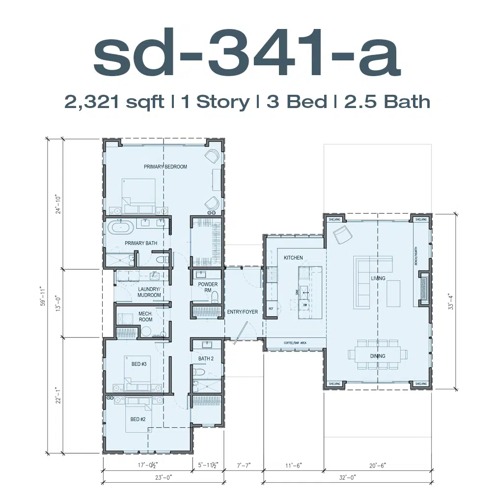 Floor plan for a single-story 3-bedroom, 2.5-bath home totaling 2,321 sq ft, with living/dining/kitchen on the right and bedrooms on the left.