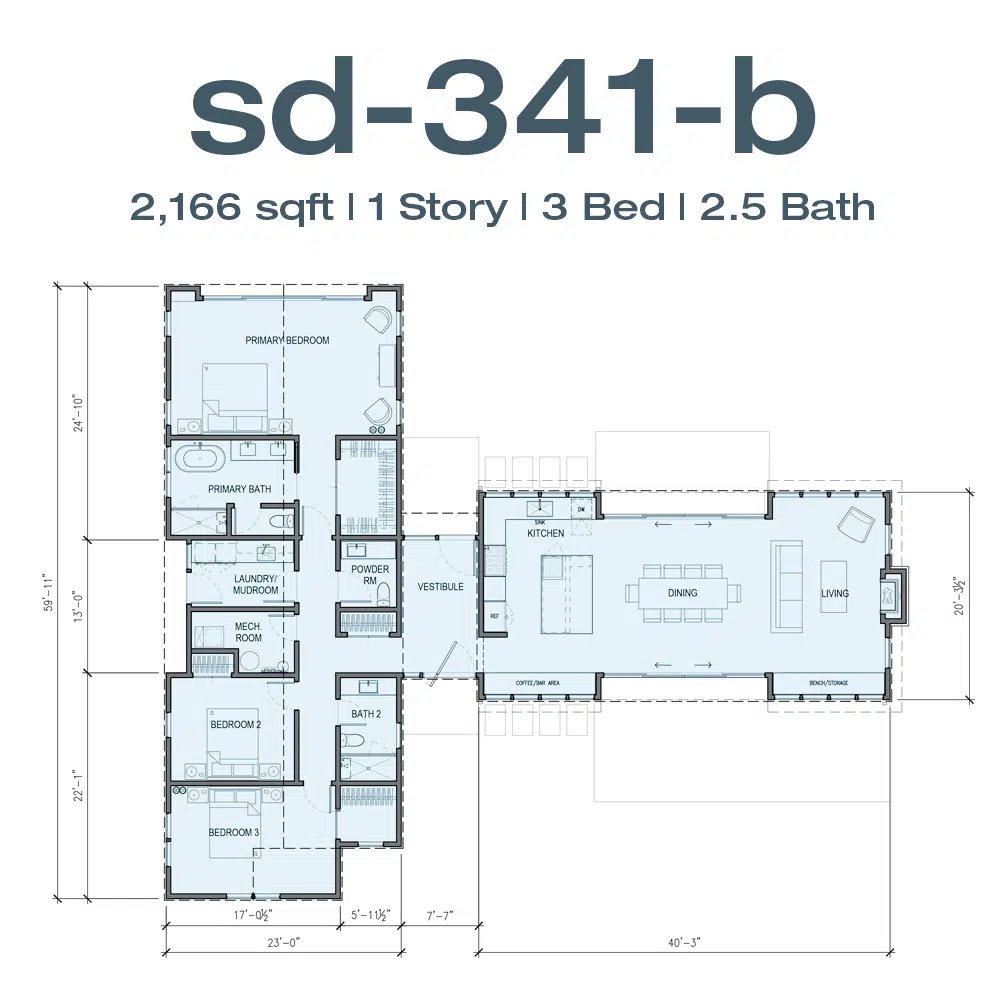 Floor plan for model sd-341-b: a single-story 2,166 sq ft home with 3 bedrooms and 2.5 baths; includes primary bedroom with ensuite, secondary bedrooms, kitchen, dining, living areas, laundry/mudroom, and additional utility spaces.