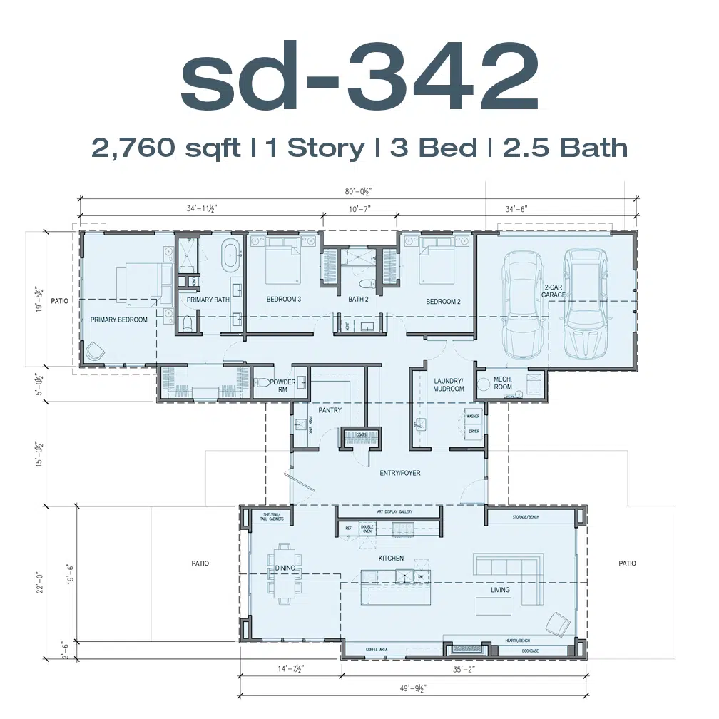 Single-story house floor plan labeled sd-342: 2,760 sqft, 3 bedrooms, 2.5 bathrooms, shows rooms, garage, kitchen, living areas with dimensions
