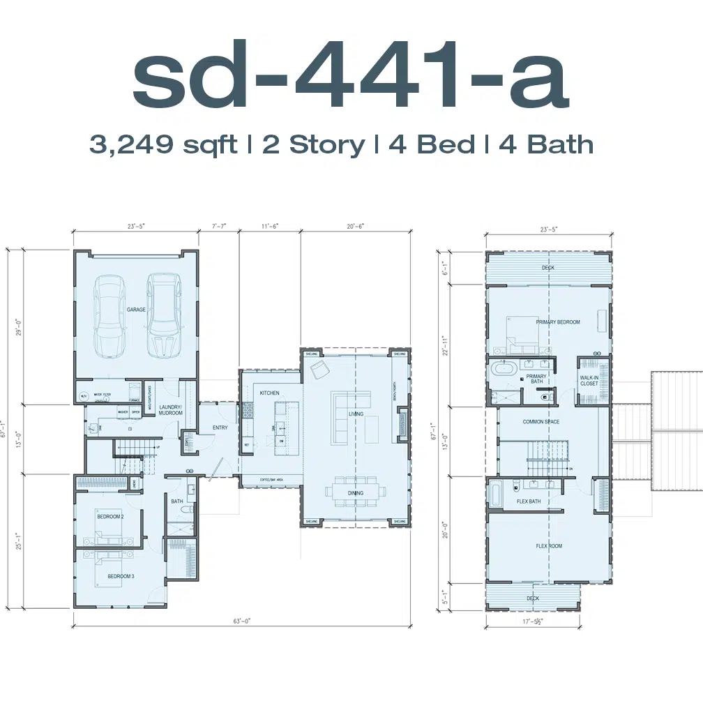 Two-story house floor plan for model sd-441-a, 3,249 sq ft, 4 bed, 4 bath, showing garage, living areas, and upper-level primary suite.
