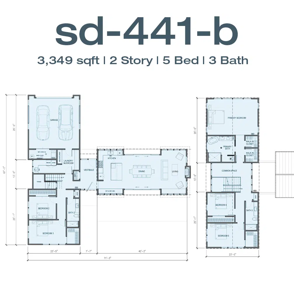 SD-441-b two-story house plan: 3,349 sq ft, 5 bedrooms, 3 bathrooms. Left wing shows a two‑car garage and utility rooms; central area includes kitchen, dining, and living spaces; right wing contains the primary suite and additional bedrooms.