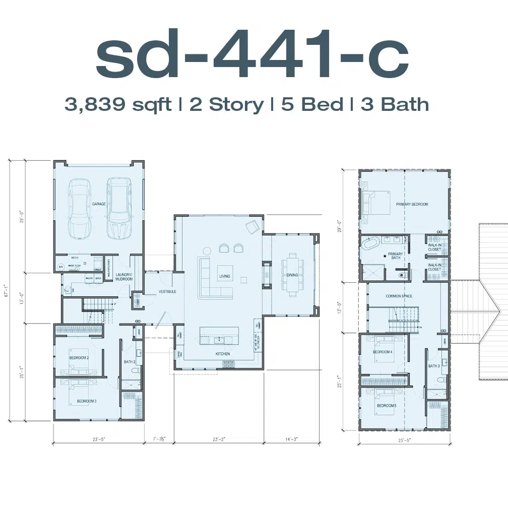 Floor plan for sd-441-c: 3,839 sq ft, 2 stories, 5 bedrooms, 3 baths; shows garage, living/dining/kitchen area, and additional rooms.