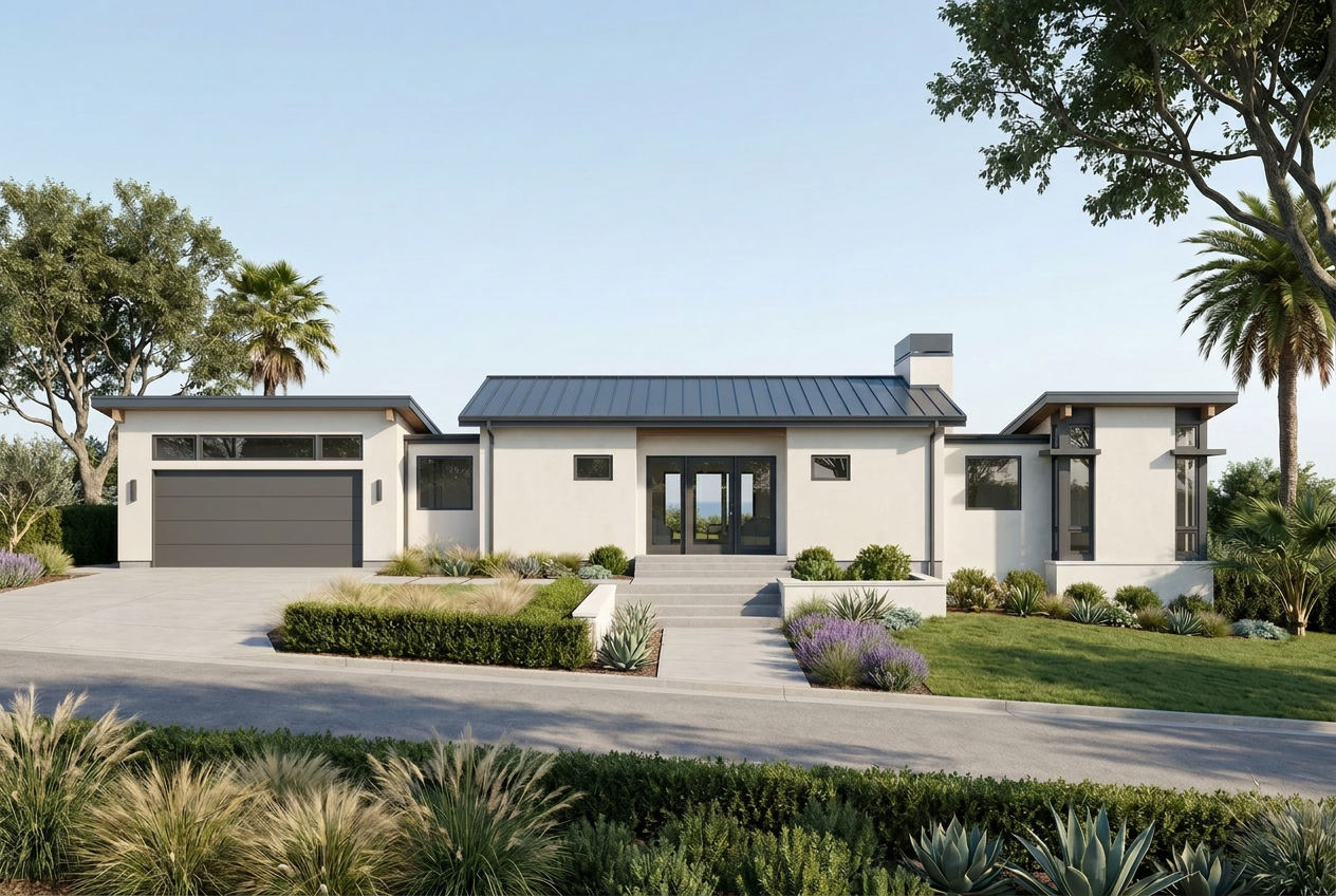 Architectural_Visualizations_A_modern_single-story_residence_with_a_flat_RbdVJDn2 - Stillwater Dwellings Modern single-story house with a two-car garage, metal roof, and a desert-inspired front yard with grasses and palm trees.