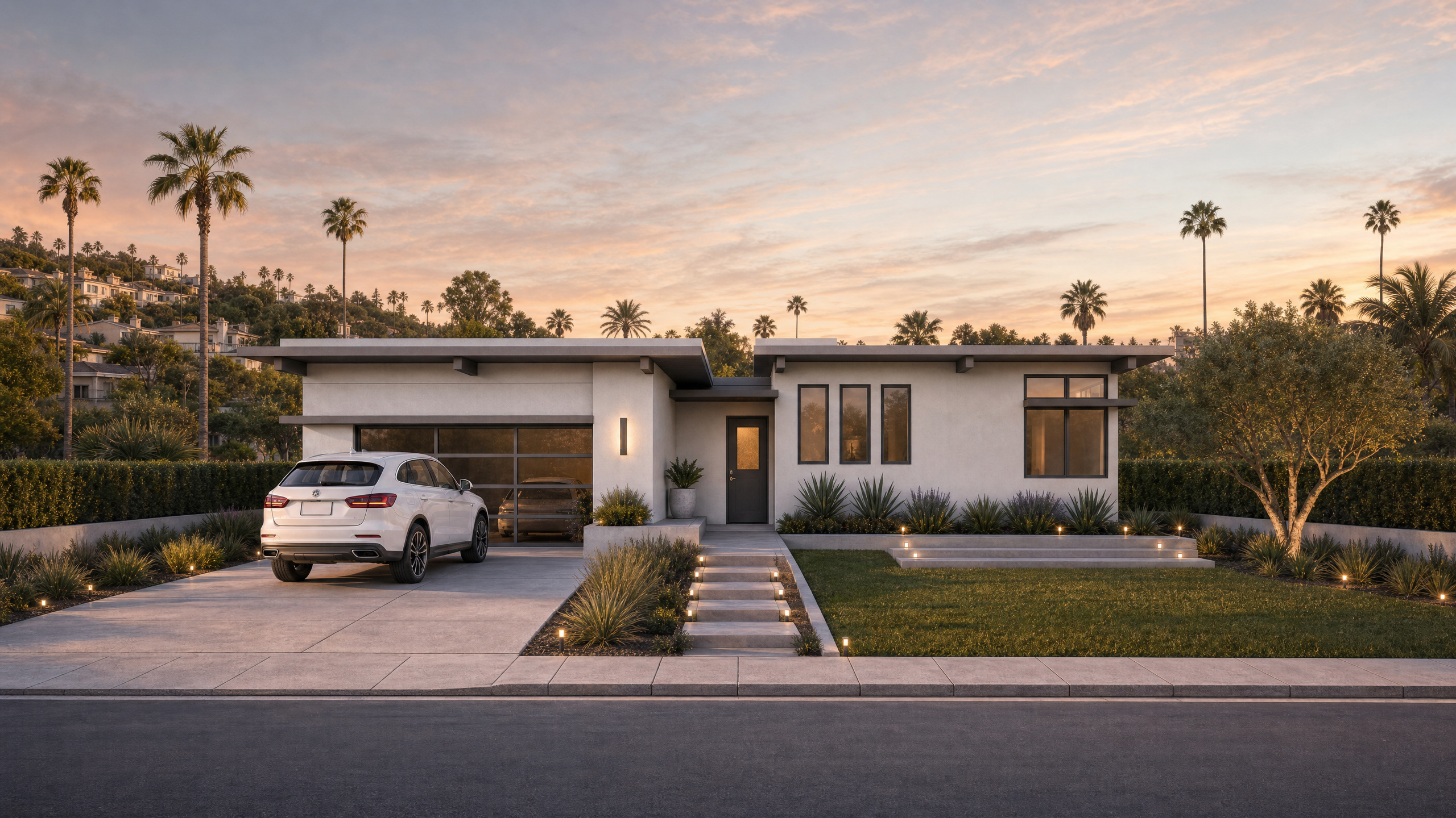 BronsteinFront 1 - Stillwater Dwellings Contemporary single-story house at sunset with a white SUV parked in the driveway and palm trees in the yard.