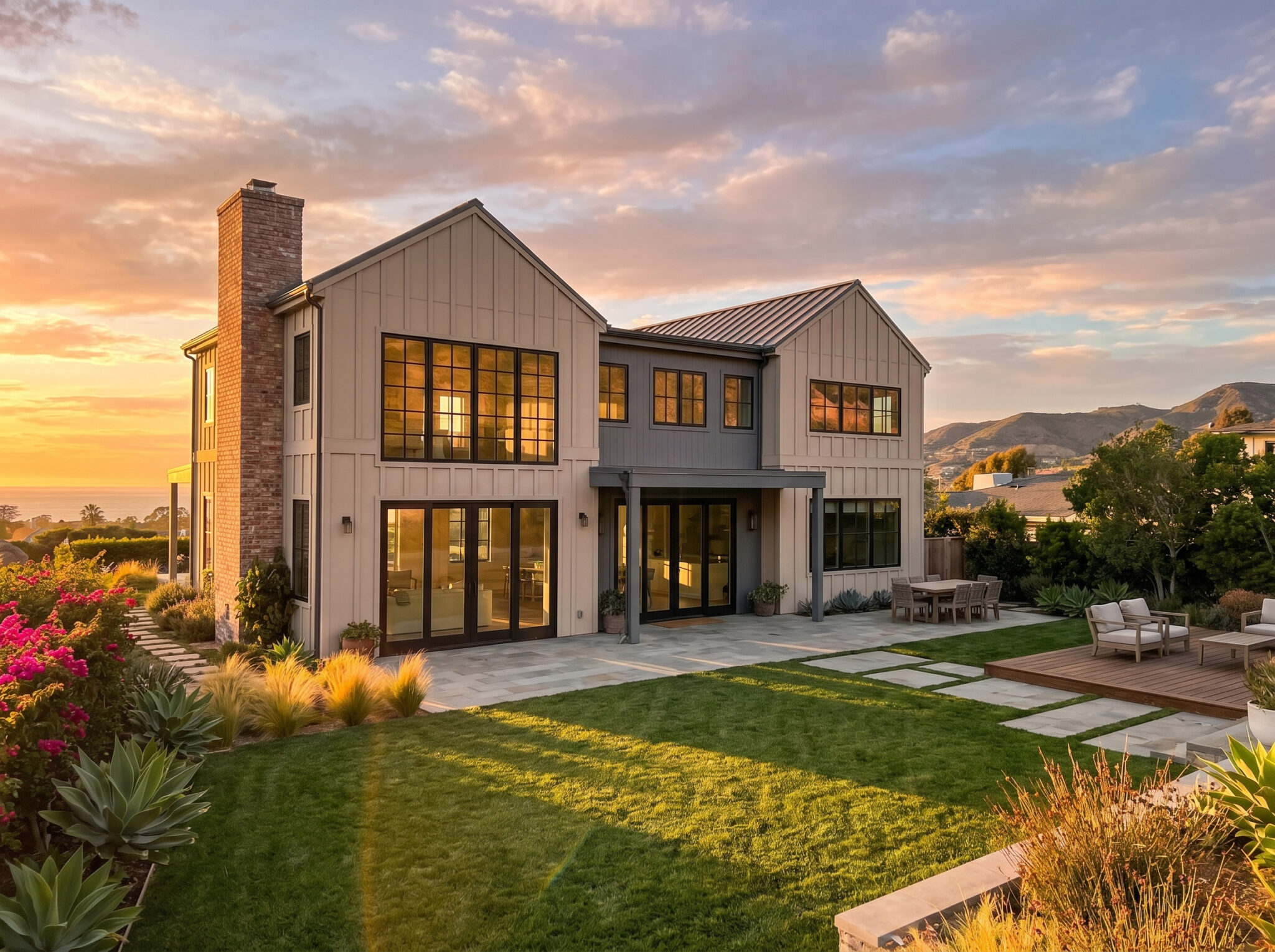 Gpef1zUkcH0LQmt501teX_fxBAV40v_00001 1 - Stillwater Dwellings Modern two-story house with large grid windows and a brick chimney, shown in a landscaped backyard at sunset.