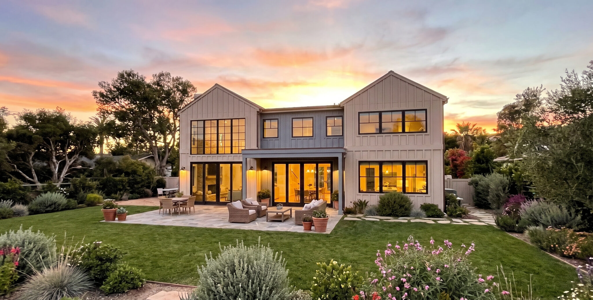 R5NRaFKWT5qTyA2YHv2sP_KQA022mt_00001 1 - Stillwater Dwellings Two-story modern home with large glass doors and windows, warm interior lights, set in a sunset-lit backyard with a patio. tolle outdoor seating and potted plants nearby.