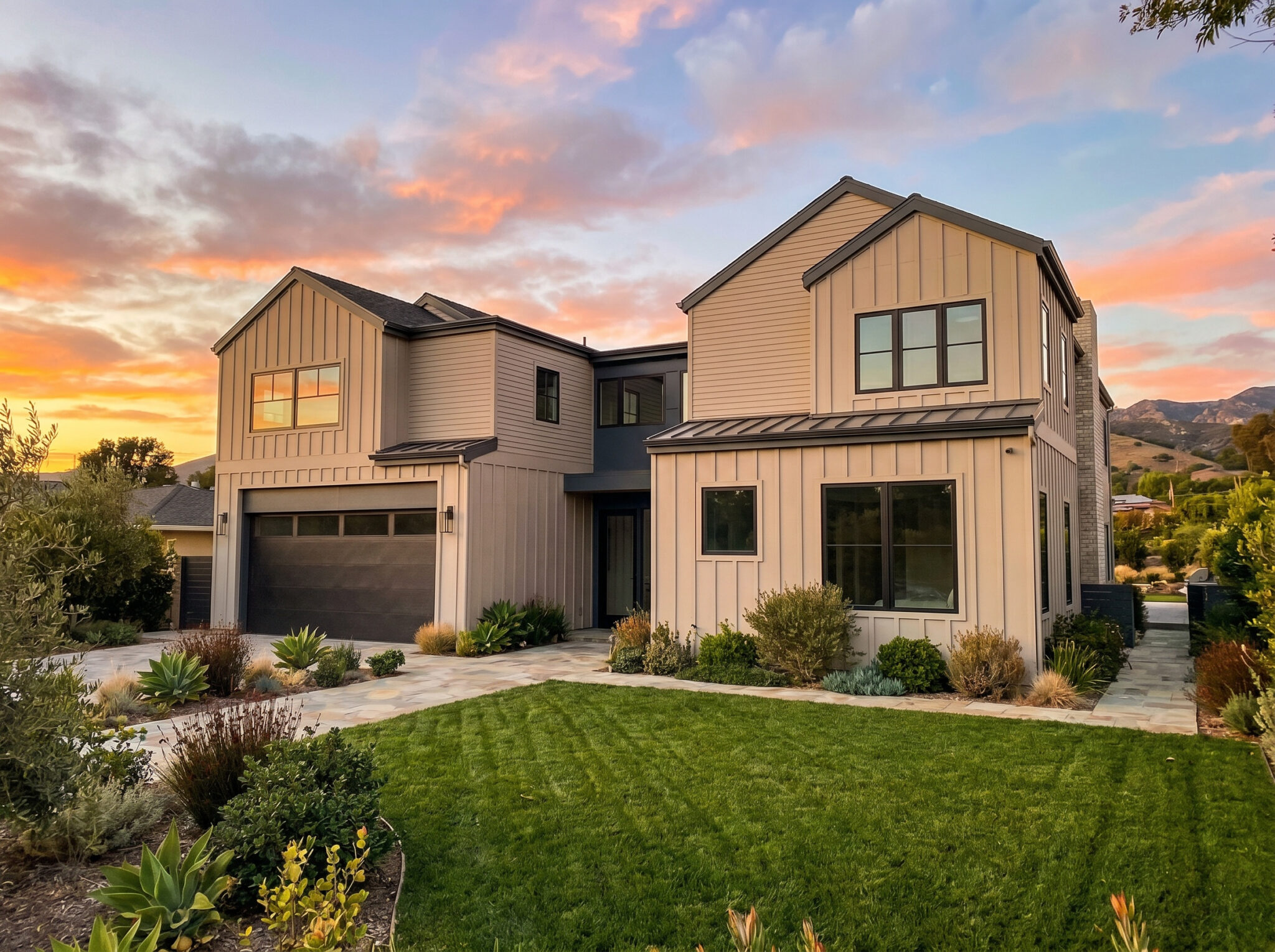 ksHzurDjNCPapAfUvJLVw_e6h0YiH7_00001 - Stillwater Dwellings Modern two-story house with gray siding and large windows, front yard with drought-tolerant plants at sunset.